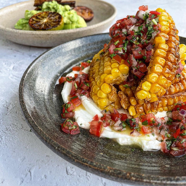 Sharing dish for the Right Said Veg supper club: corn ribs with pico de gallo and whipped feta.