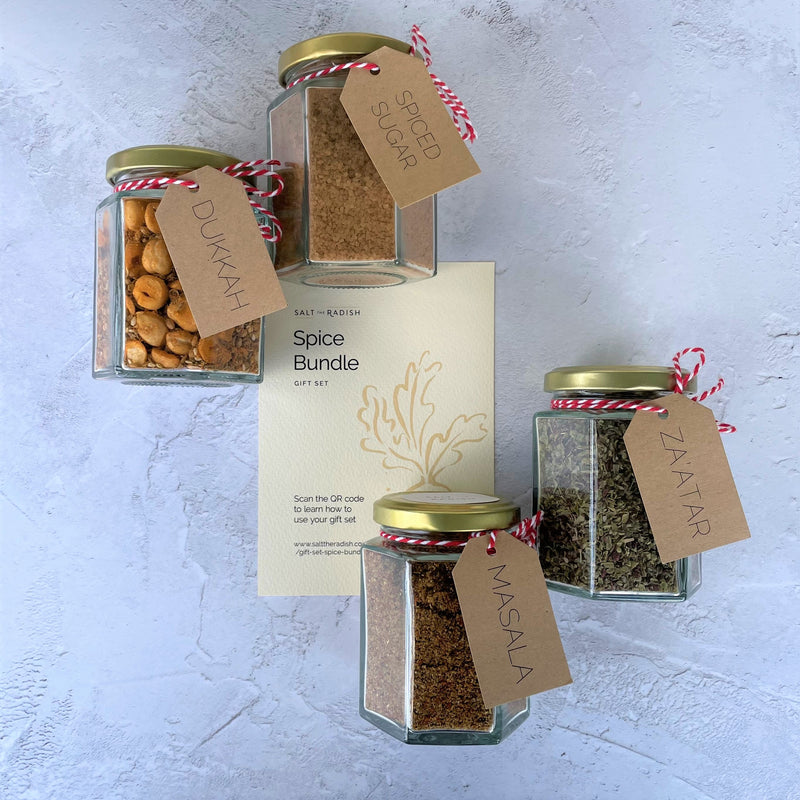 Our spice bundle which includes jars of dukkah, spiced sugar, masala and za'atar.