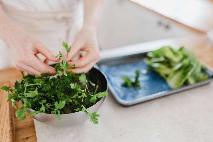 Two hands picking parsley leaves from their stems.